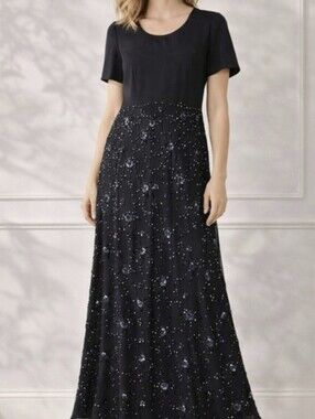 Vintage Black Beaded Evening Dress – Elegant Maxi with Floral Embellishment